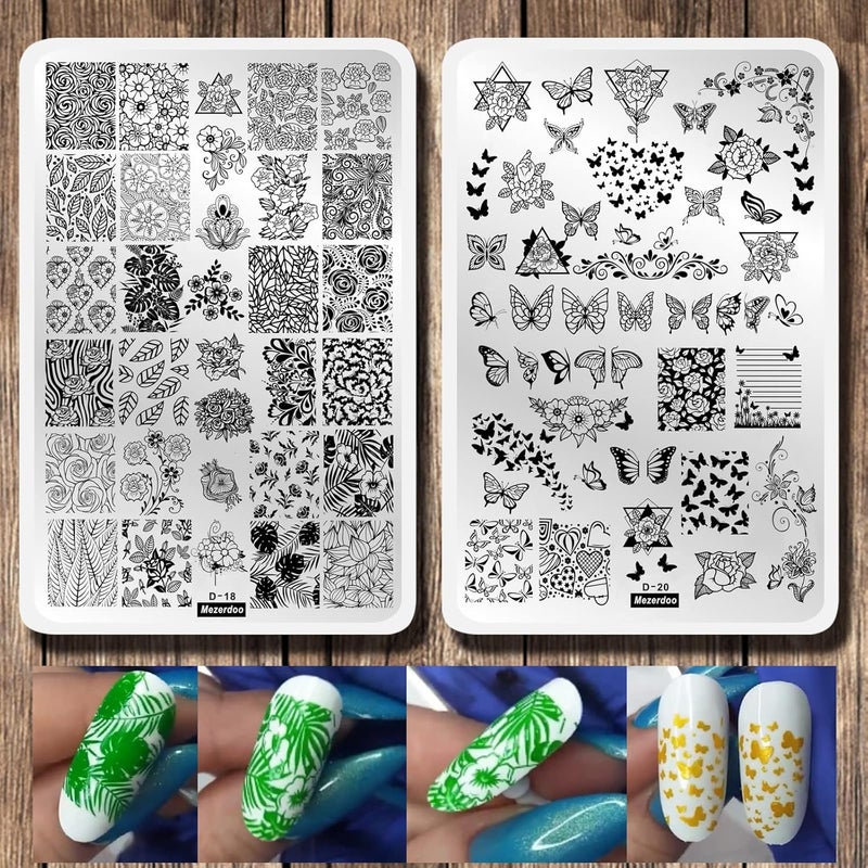 Mezerdoo 2Pcs Butterfly Rose Steel Nail Stamping Plates Flower Leaf Image Geometric Polish Stencil Accessories Tool 14.5×9.5cm Big Size Nail Art Template - Image 1